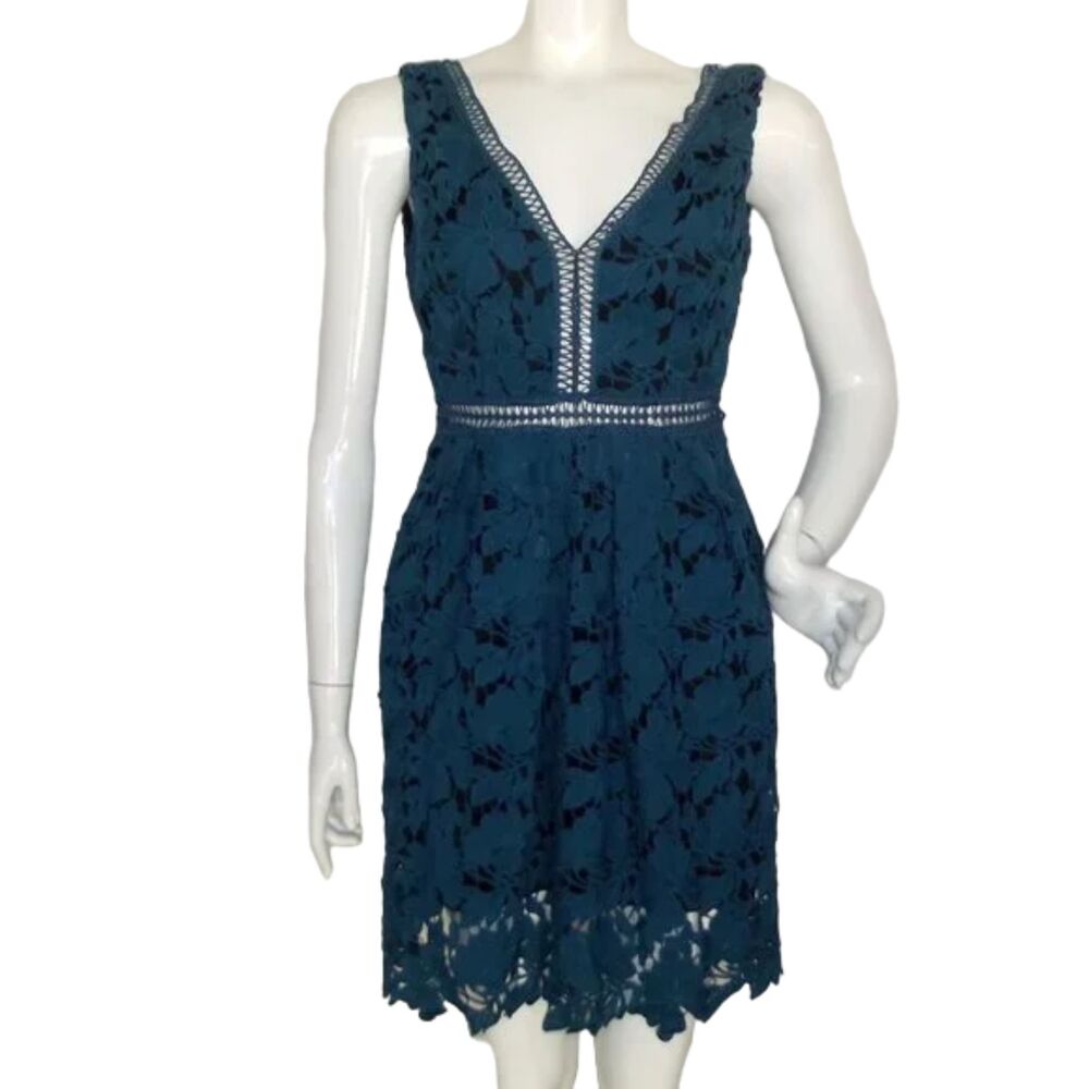 ROMEO & JULIET Dress, M, Teal Floral Eyelet Lace, Sleeveless, Lined, Back zip